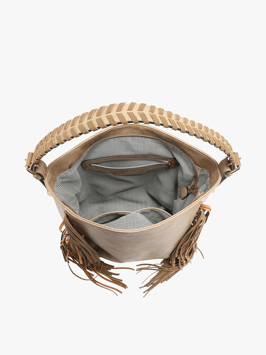 Sav Distressed Hobo Bag w/ Fringe Detail: Taupe