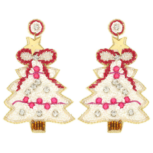 Christmas Tree Sequins Embroidered Earrings : White