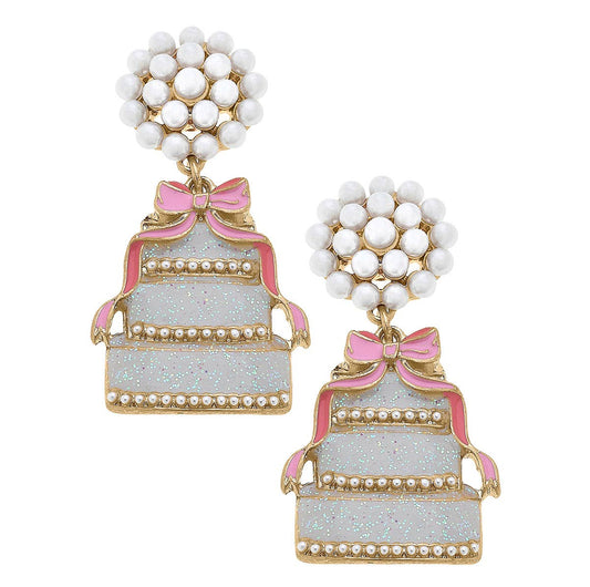 Brides & Bows Enamel Wedding Cake Earrings in Pink