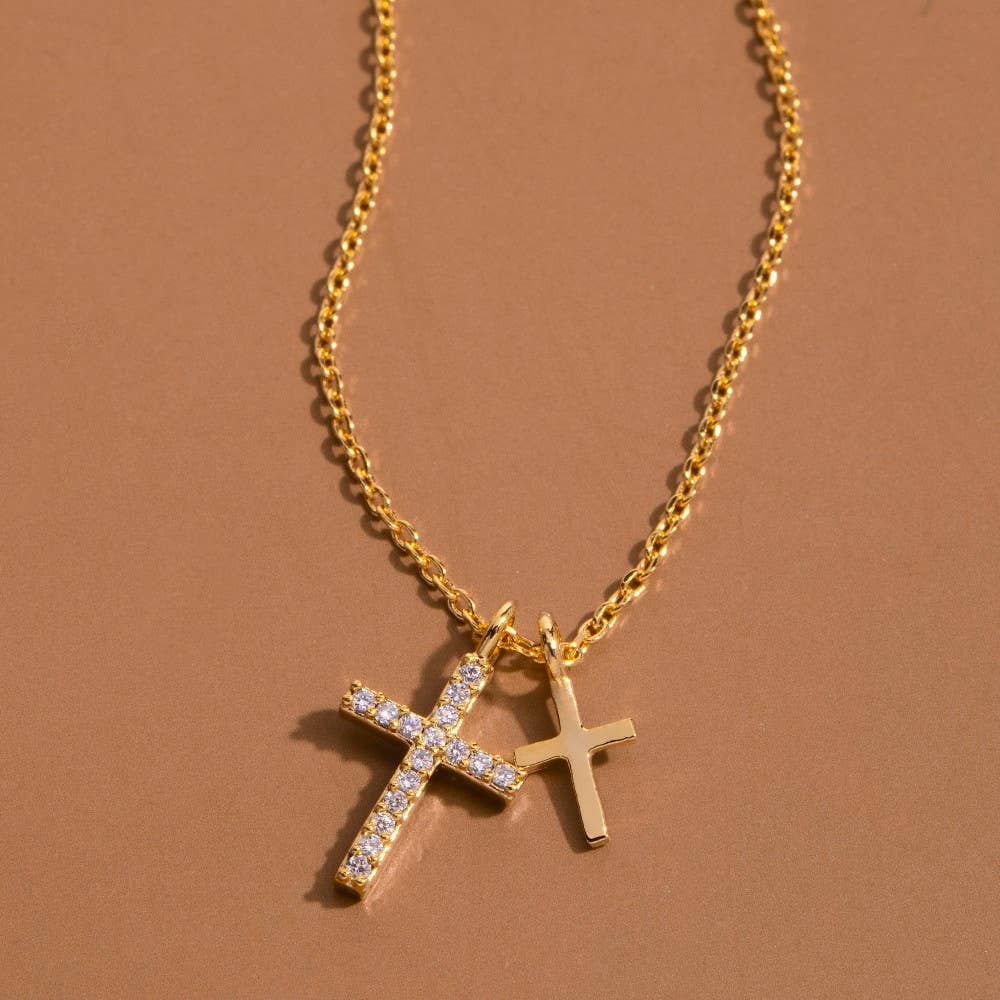 Cz Pave Double Cross Pendant Necklace: S