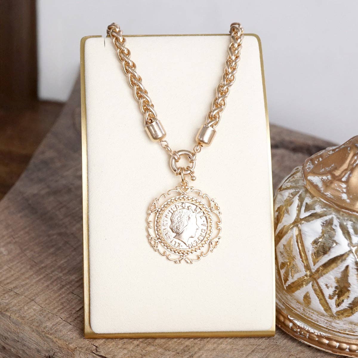 Heirloom Reverie – Ornate Coin Pendant Necklace: Worn Silver Tone