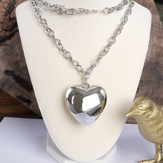 Long Minimal Chain Necklace with Puffy Heart – Gold or Silver Tone: Gold Tone