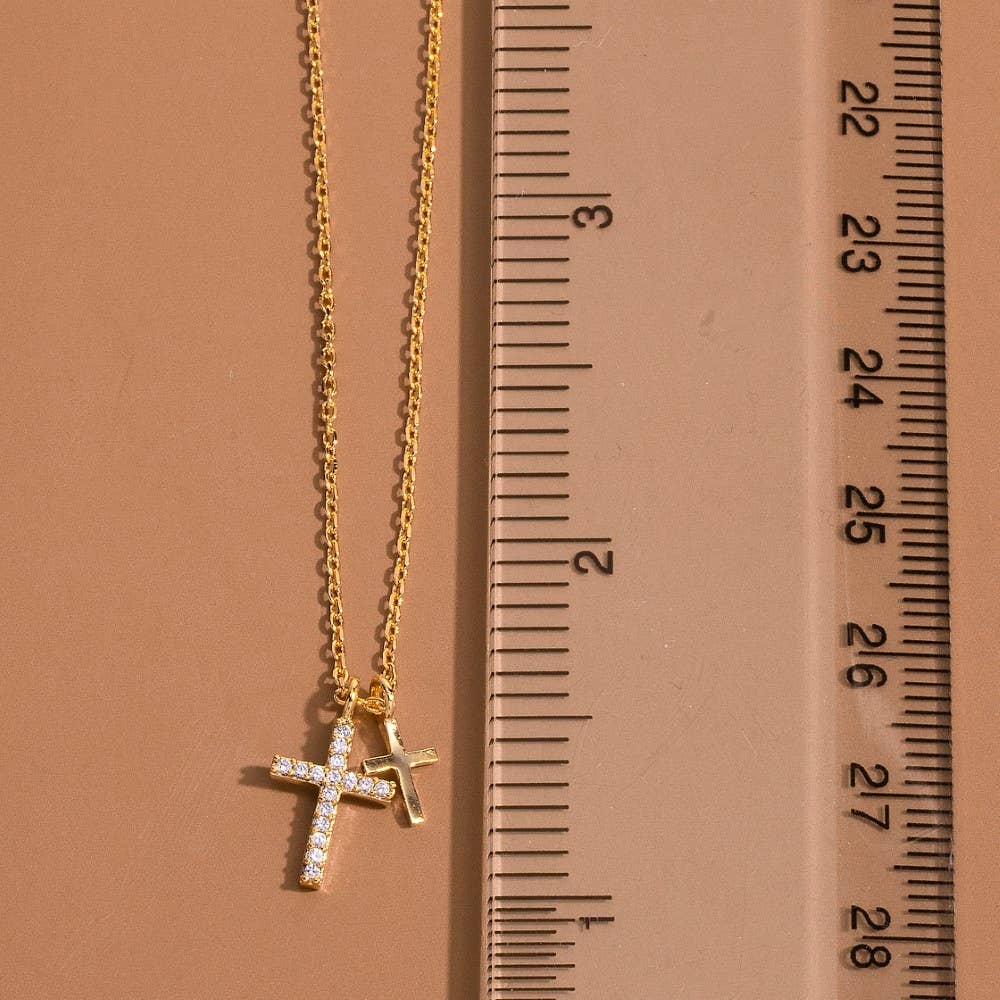 Cz Pave Double Cross Pendant Necklace: S