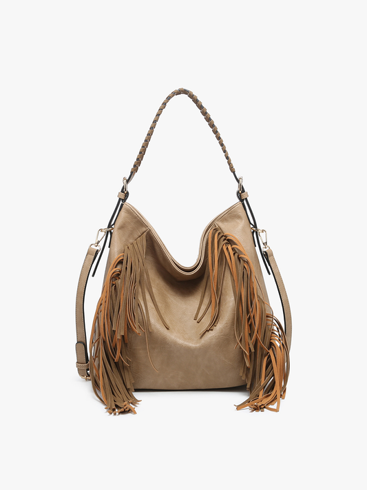 Sav Distressed Hobo Bag w/ Fringe Detail: Taupe