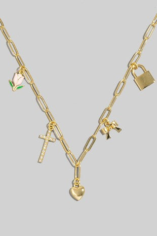 Chain Link Flower Cross Heart Bow Lock Charm Necklace
