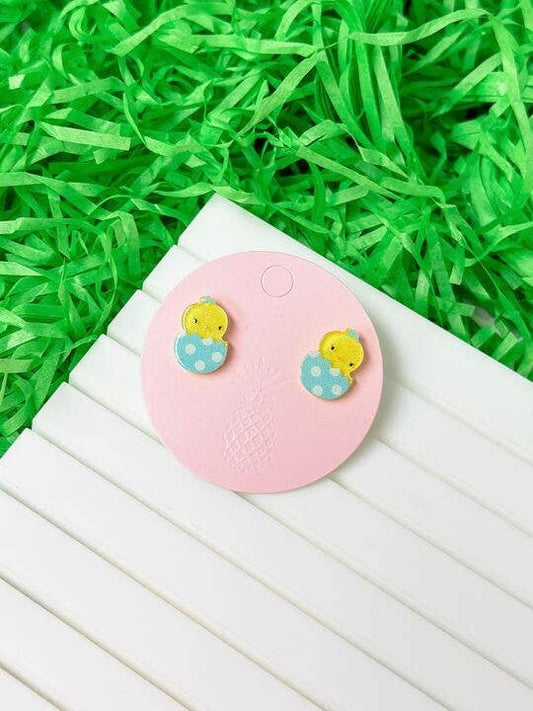 Acrylic Easter Chick Stud Earrings: Blue