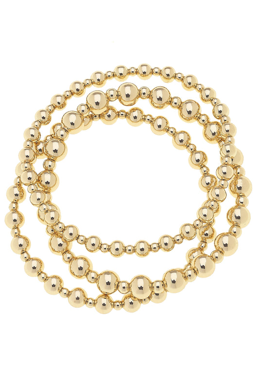 Emory Ball Bead Stretch Bracelets- 3 in Shiny Gold