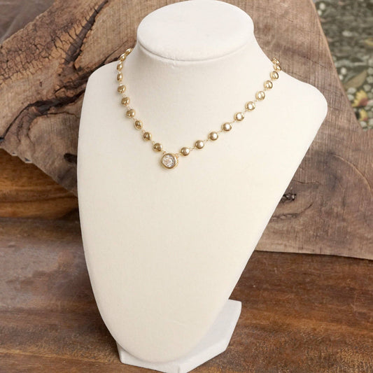 Clear Crystal Bezel Pendant Dot Chain Neckline Necklace: Gold Tone