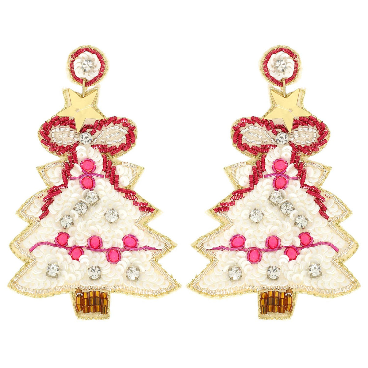Christmas Tree Sequins Embroidered Earrings : White
